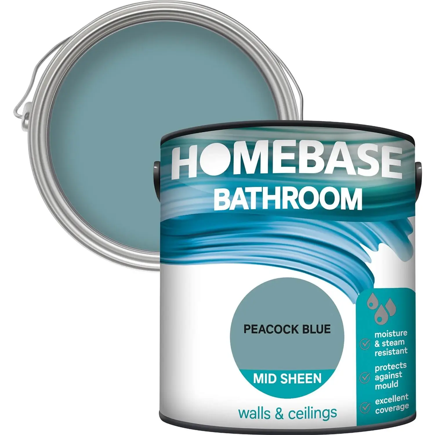 Homebase Bathroom Mid Sheen Paint - Peacock Blue 2.5L 1 Homebase Bathroom Mid Sheen Paint - Peacock Blue 2.5L