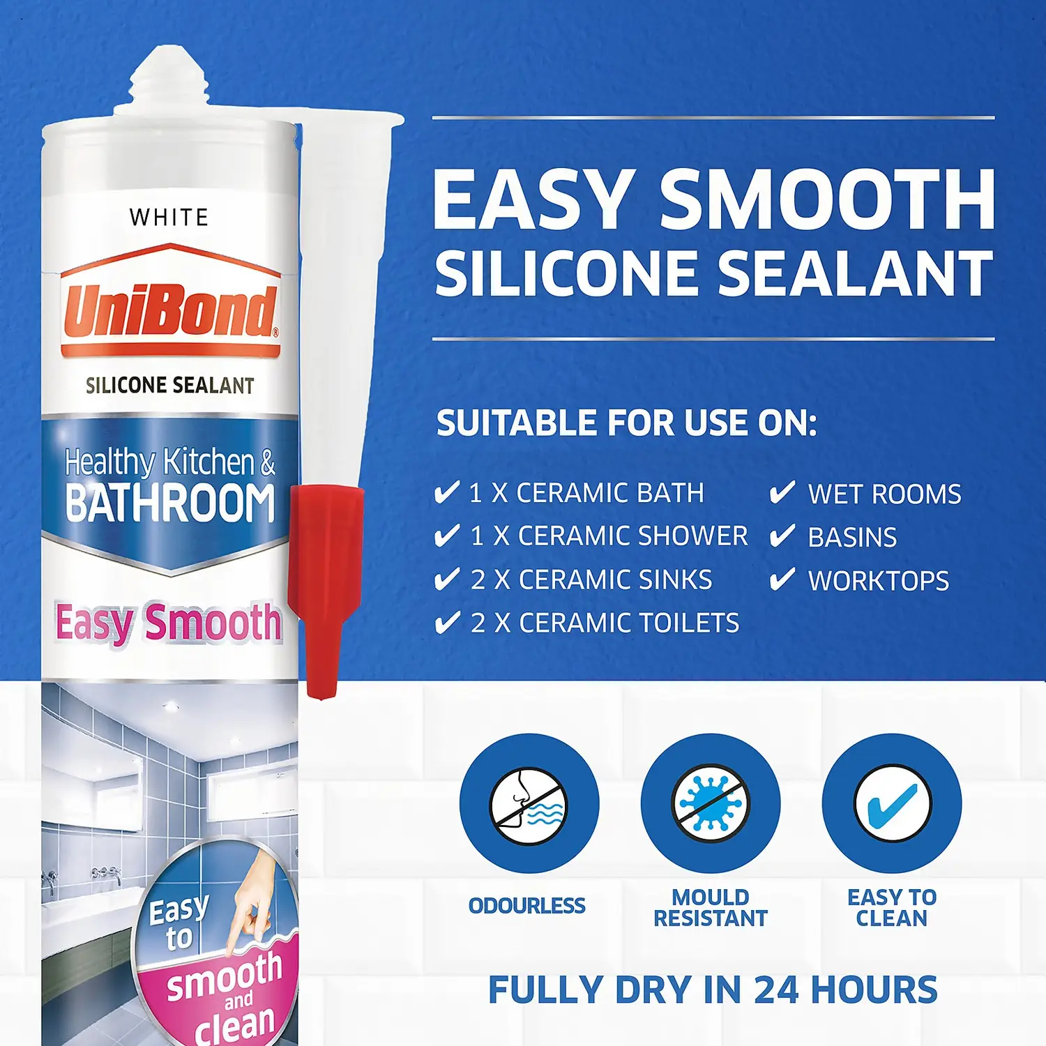 UniBond Easy Smooth Kitchen And Bathroom Sealant - White Cartridge 371g 2 UniBond Easy Smooth Kitchen And Bathroom Sealant - White Cartridge 371g - Image 2