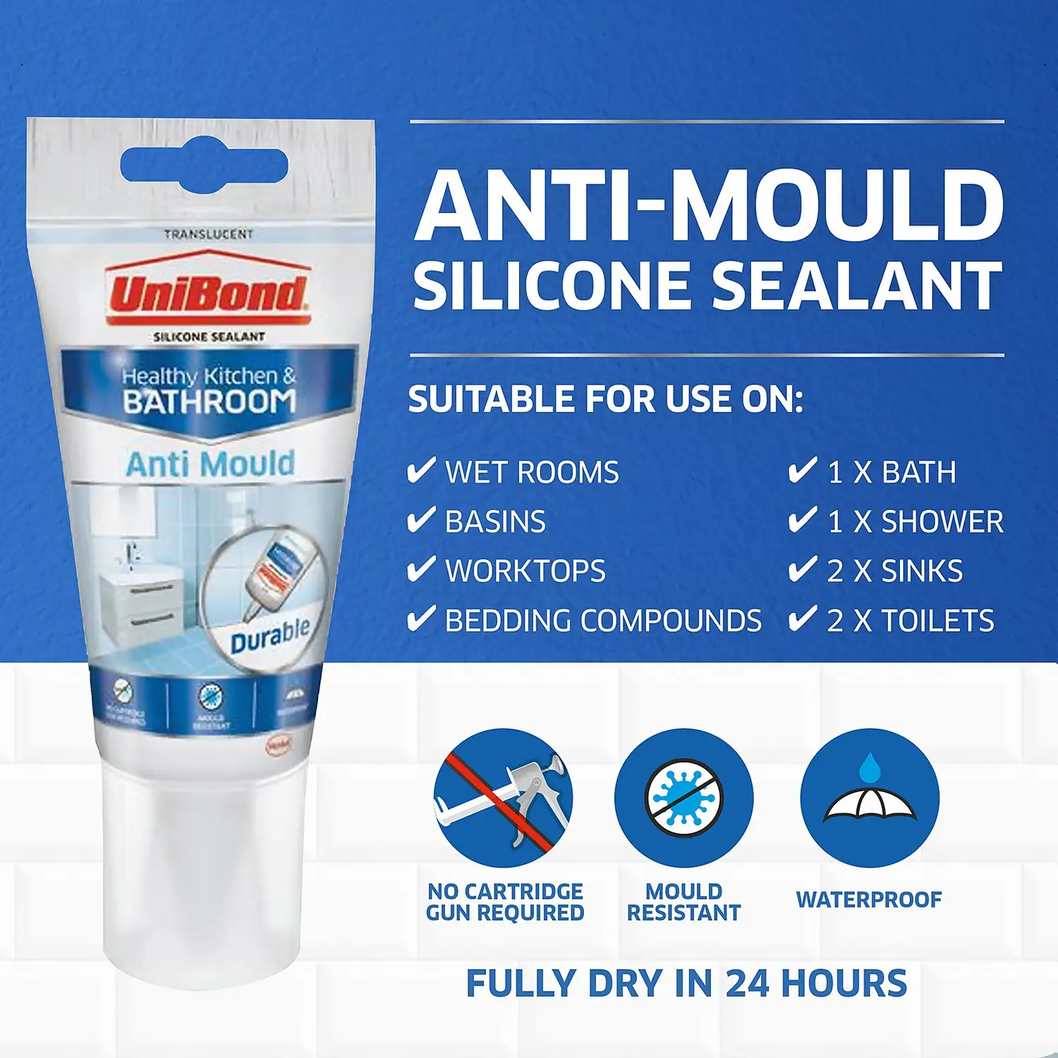 UniBond Anti Mould Kitchen And Bathroom Sealant - Translucent Tube 147g 2 UniBond Anti Mould Kitchen And Bathroom Sealant - Translucent Tube 147g - Image 2