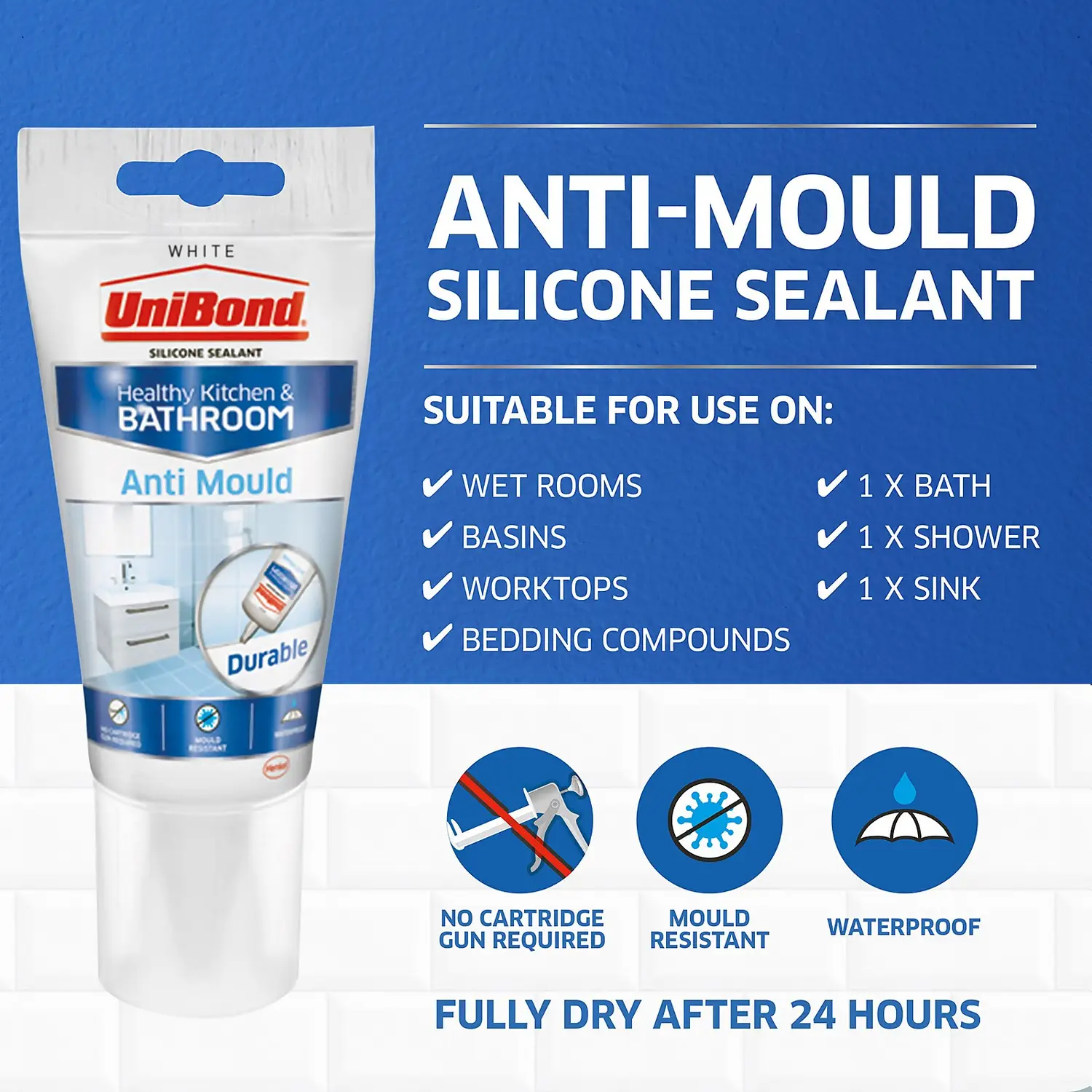 UniBond Anti Mould Kitchen And Bathroom Sealant - White Tube 147g 2 UniBond Anti Mould Kitchen And Bathroom Sealant - White Tube 147g - Image 2